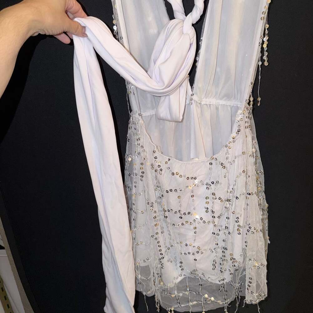 Lucy In The Sky Sequin Romper Size S White Halter Tulle Mini - Picture 5 of 5